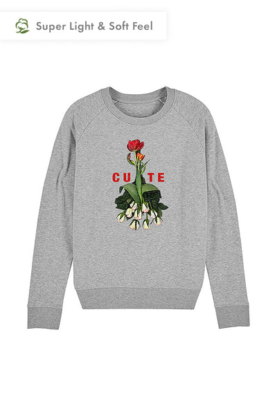 Grey Women Cute Floral Printed Sweatshirt, Medium-weight, from organic cotton blend