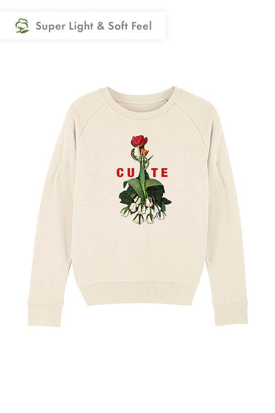 Beige Women Cute Floral Printed Sweatshirt, Medium-weight, from organic cotton blend