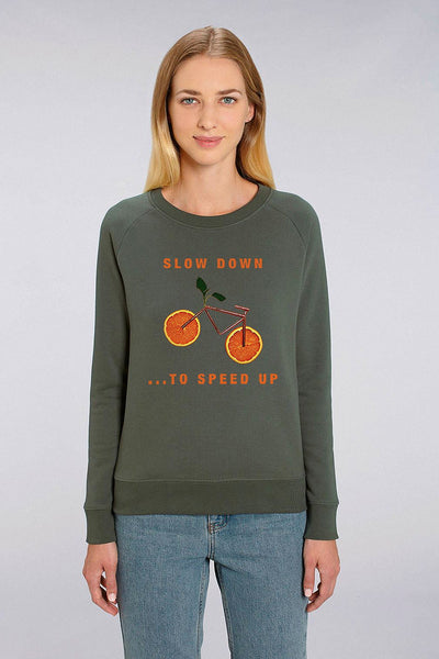 Khaki Women Orange Bike Graphic Sweatshirt, Medium-weight, from organic cotton blend