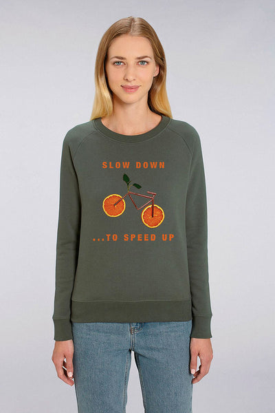 Khaki Women Orange Bike Graphic Sweatshirt, Medium-weight, from organic cotton blend