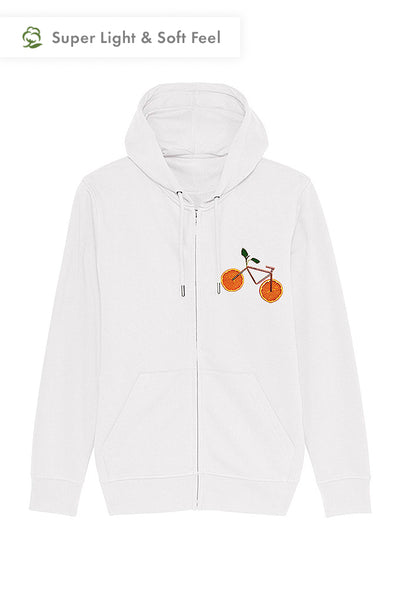 White Orange Bicycle Zip Up Hoodie, Medium-weight, from organic cotton blend, Unisex, for Women & for Men 