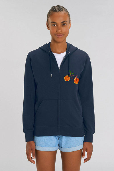 Navy Orange Bicycle Zip Up Hoodie, Medium-weight, from organic cotton blend, Unisex, for Women & for Men 