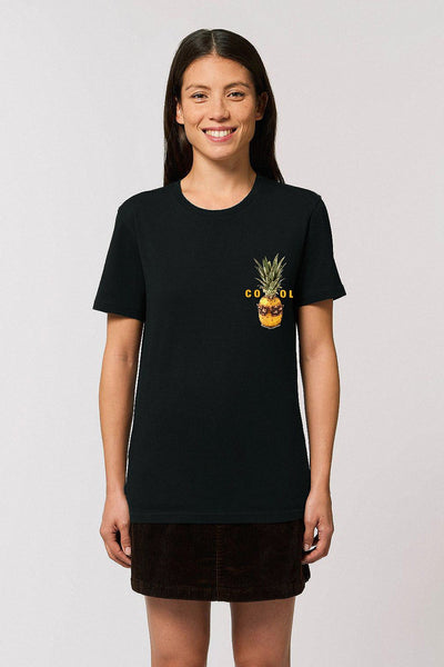 Black Cool Pineapple Crew Neck T-Shirt, 100% organic cotton, Unisex, for Women & for Men 
