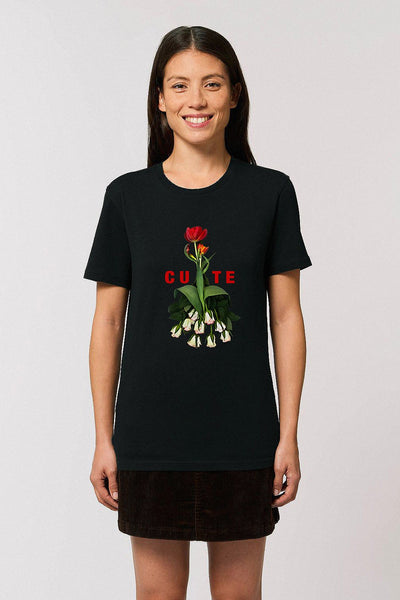 Black Women Cute Floral Graphic T-Shirt, 100% organic cotton