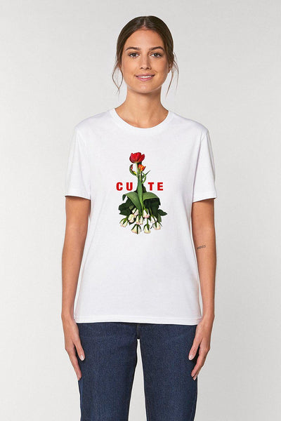 White Women Cute Floral Graphic T-Shirt, 100% organic cotton