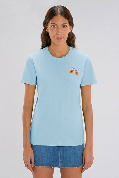 Light blue Orange Bicycle Crew Neck T-Shirt, 100% organic cotton, Unisex, for Women & for Men 