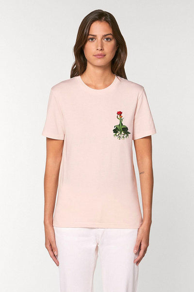 Light Pink Women Floral Printed Crew Neck T-Shirt, 100% organic cotton