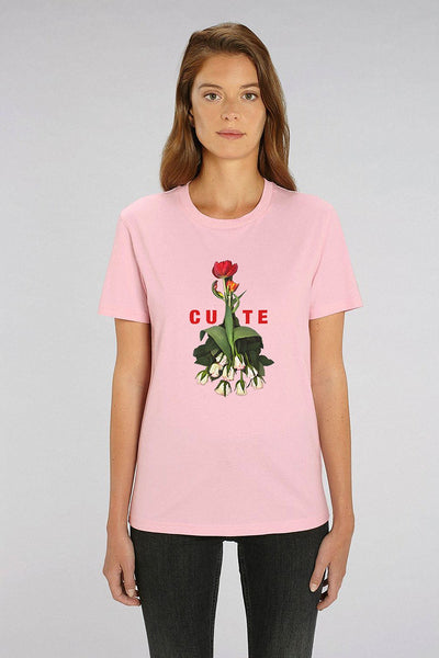 Cotton Pink Women Cute Floral Graphic T-Shirt, 100% organic cotton
