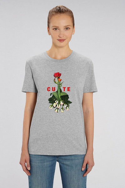 Grey Women Cute Floral Graphic T-Shirt, 100% organic cotton