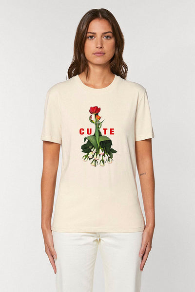 Beige Women Cute Floral Graphic T-Shirt, 100% organic cotton