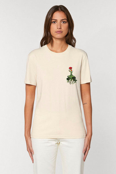 Beige Women Floral Printed Crew Neck T-Shirt, 100% organic cotton