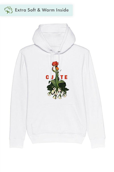 White Cute Floral Graphic Hoodie, Heavyweight, from organic cotton blend