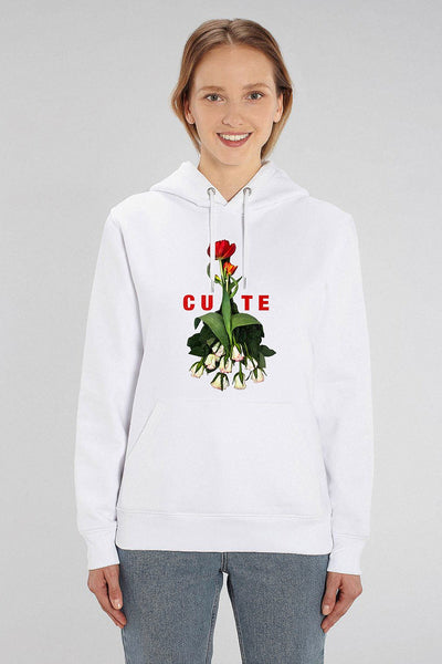 White Cute Floral Graphic Hoodie, Heavyweight, from organic cotton blend