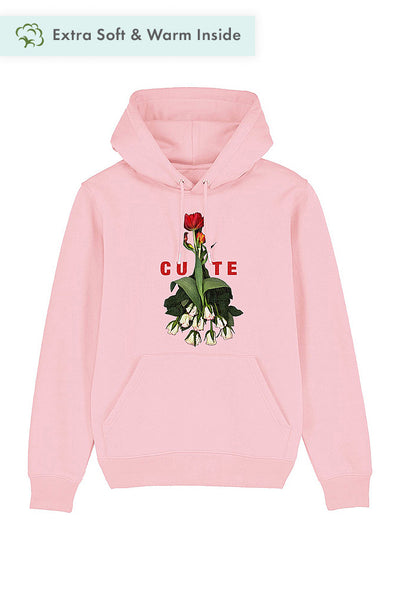 Cotton Pink Cute Floral Graphic Hoodie, Heavyweight, from organic cotton blend