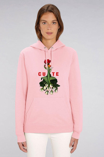 Cotton Pink Cute Floral Graphic Hoodie, Heavyweight, from organic cotton blend
