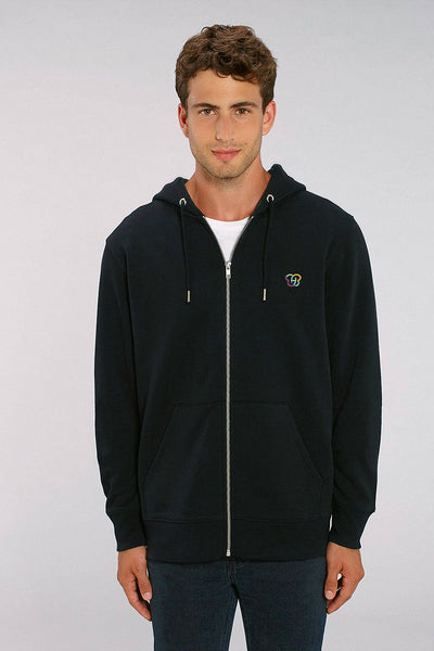 Black Men Embroidered Logo Zip Up Hoodie, Heavyweight, from organic cotton blend