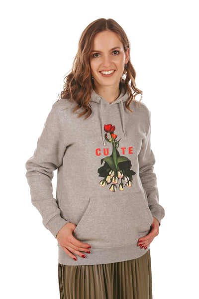 Grey Cute Floral Graphic Hoodie, Heavyweight, from organic cotton blend