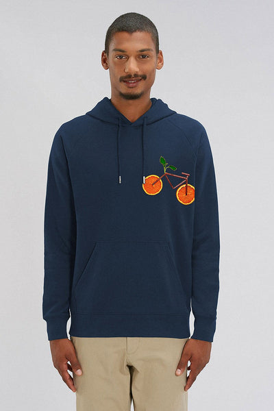 Navy Men Orange Bicycle Hoodie, Medium-weight, from organic cotton blend