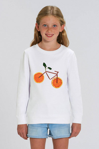 White Kids Orange Bicycle Graphic Sweatshirt, Medium-weight, from organic cotton blend, for girls & for boys 