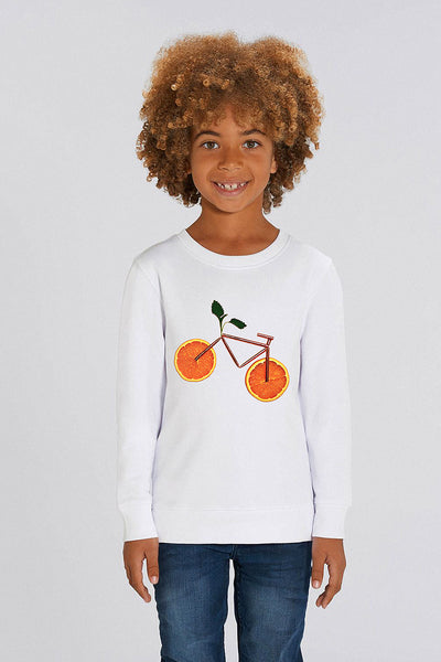 White Kids Orange Bicycle Graphic Sweatshirt, Medium-weight, from organic cotton blend, for girls & for boys 