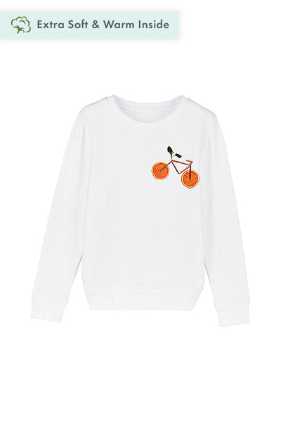 White Kids Orange Bicycle Printed Sweatshirt, Medium-weight, from organic cotton blend, for girls & for boys 