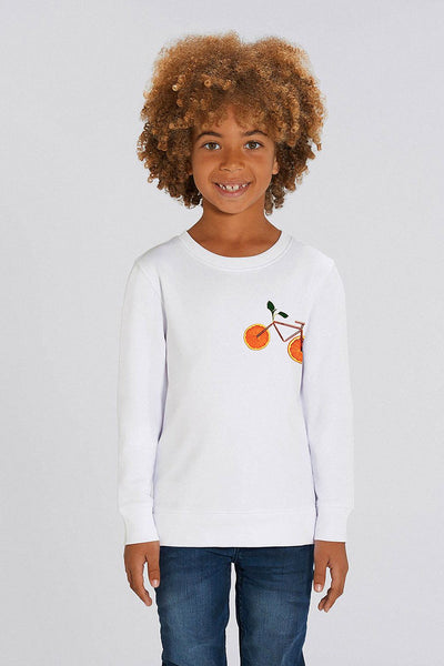 White Kids Orange Bicycle Printed Sweatshirt, Medium-weight, from organic cotton blend, for girls & for boys 