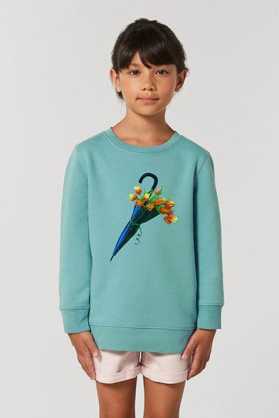 Teal green Kids Blooming Umbrella Sweatshirt, Medium-weight, from organic cotton blend, for girls & for boys 
