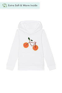 White Kids Orange Bicycle Graphic Hoodie, Medium-weight, from organic cotton blend, for girls & for boys 