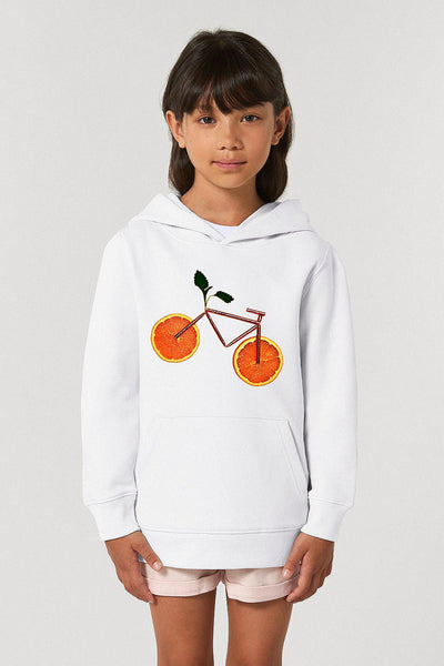 White Kids Orange Bicycle Graphic Hoodie, Medium-weight, from organic cotton blend, for girls & for boys 