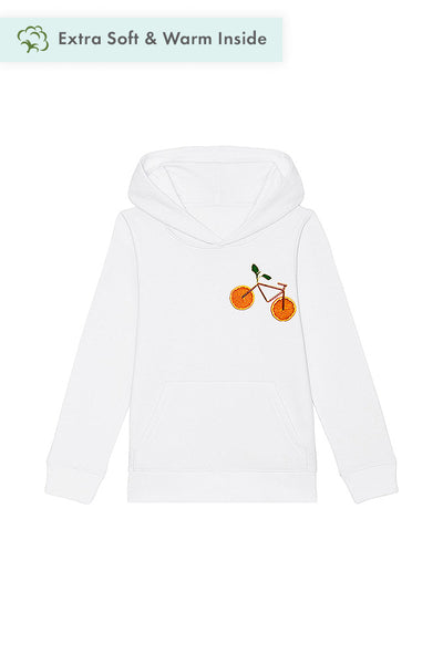 White Kids Orange Bicycle Printed Hoodie, Medium-weight, from organic cotton blend, for girls & for boys 