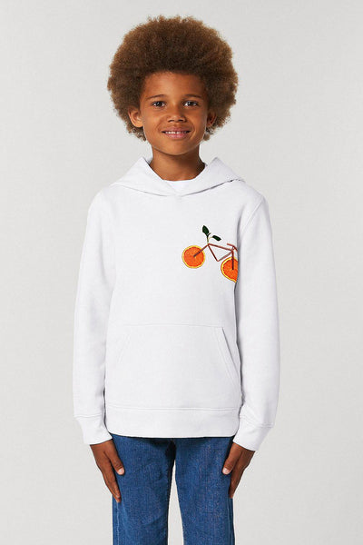 White Kids Orange Bicycle Printed Hoodie, Medium-weight, from organic cotton blend, for girls & for boys 