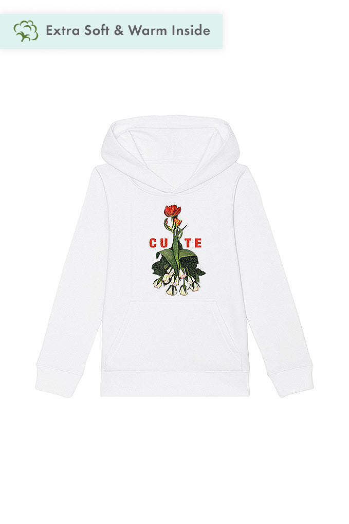 White Girls Cute Floral Graphic Hoodie, Medium-weight, from organic cotton blend