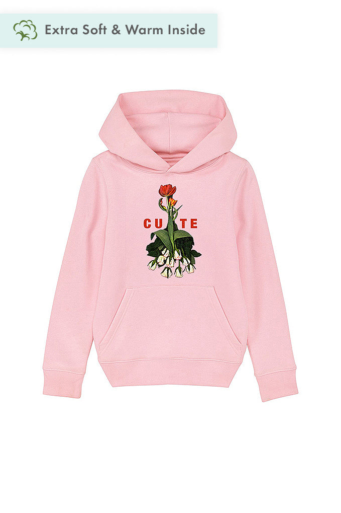 Cotton Pink Girls Cute Floral Graphic Hoodie, Medium-weight, from organic cotton blend