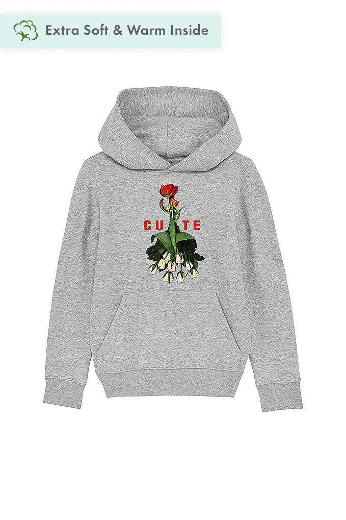 Grey Girls Cute Floral Graphic Hoodie, Medium-weight, from organic cotton blend