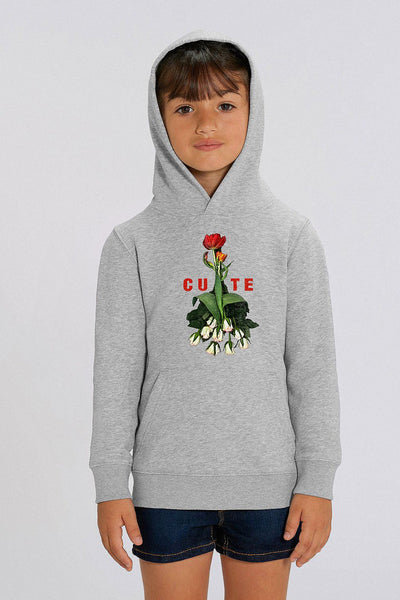 Grey Girls Cute Floral Graphic Hoodie, Medium-weight, from organic cotton blend