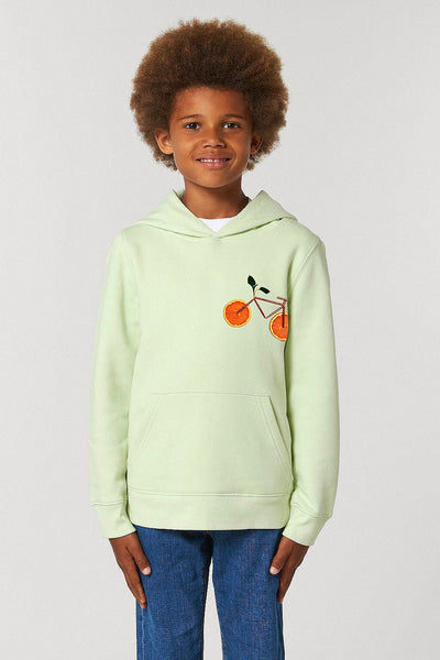 Light green Kids Orange Bicycle Printed Hoodie, Medium-weight, from organic cotton blend, for girls & for boys 