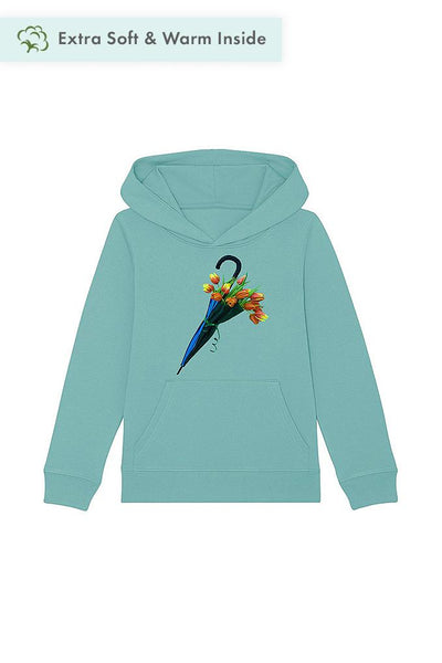 Teal green Kids Blooming Umbrella Graphic Hoodie, Medium-weight, from organic cotton blend, for girls & for boys 