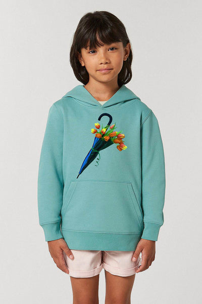 Teal green Kids Blooming Umbrella Graphic Hoodie, Medium-weight, from organic cotton blend, for girls & for boys 