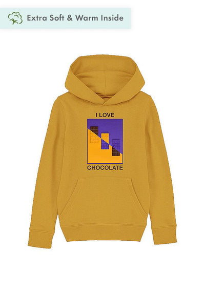 Yellow Kids Chocolate Love Graphic Hoodie, Medium-weight, from organic cotton blend, for girls & for boys 