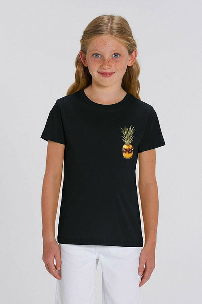 Black Kids Cool Pineapple Crew Neck T-Shirt, 100% organic cotton, for girls & for boys 
