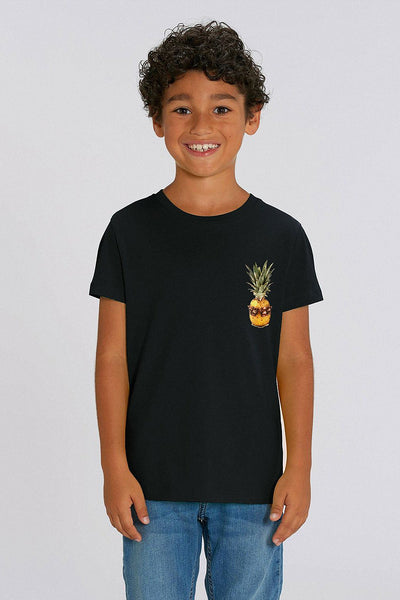 Black Kids Cool Pineapple Crew Neck T-Shirt, 100% organic cotton, for girls & for boys 