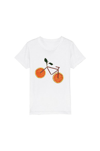 White Kids Orange Bicycle Graphic T-Shirt, 100% organic cotton, for girls & for boys 