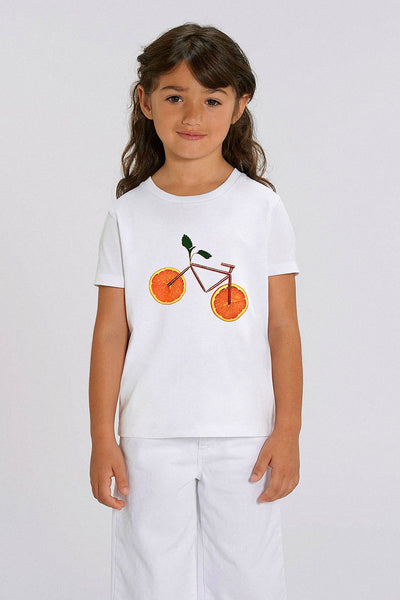 White Kids Orange Bicycle Graphic T-Shirt, 100% organic cotton, for girls & for boys 