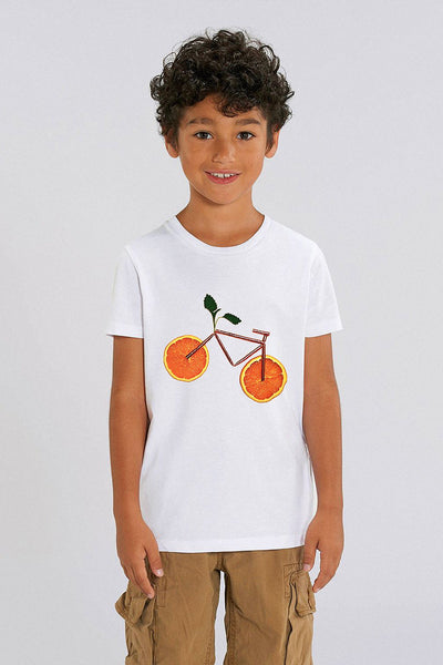 White Kids Orange Bicycle Graphic T-Shirt, 100% organic cotton, for girls & for boys 