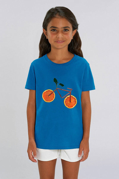 Royal Blue Kids Orange Bicycle Graphic T-Shirt, 100% organic cotton, for girls & for boys 