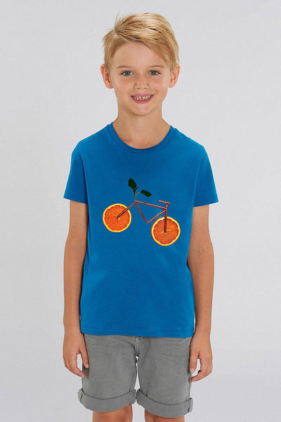 Royal Blue Kids Orange Bicycle Graphic T-Shirt, 100% organic cotton, for girls & for boys 