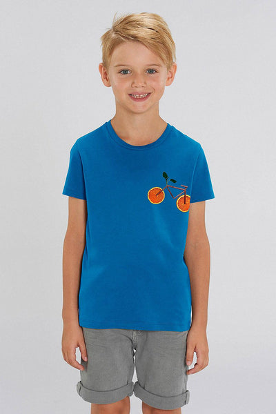 Royal Blue Kids Orange Bicycle Crew Neck T-Shirt, 100% organic cotton, for girls & for boys 
