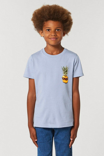 Light blue Kids Cool Pineapple Crew Neck T-Shirt, 100% organic cotton, for girls & for boys 
