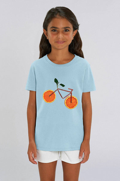 Light blue Kids Orange Bicycle Graphic T-Shirt, 100% organic cotton, for girls & for boys 