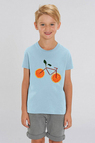 Light blue Kids Orange Bicycle Graphic T-Shirt, 100% organic cotton, for girls & for boys 